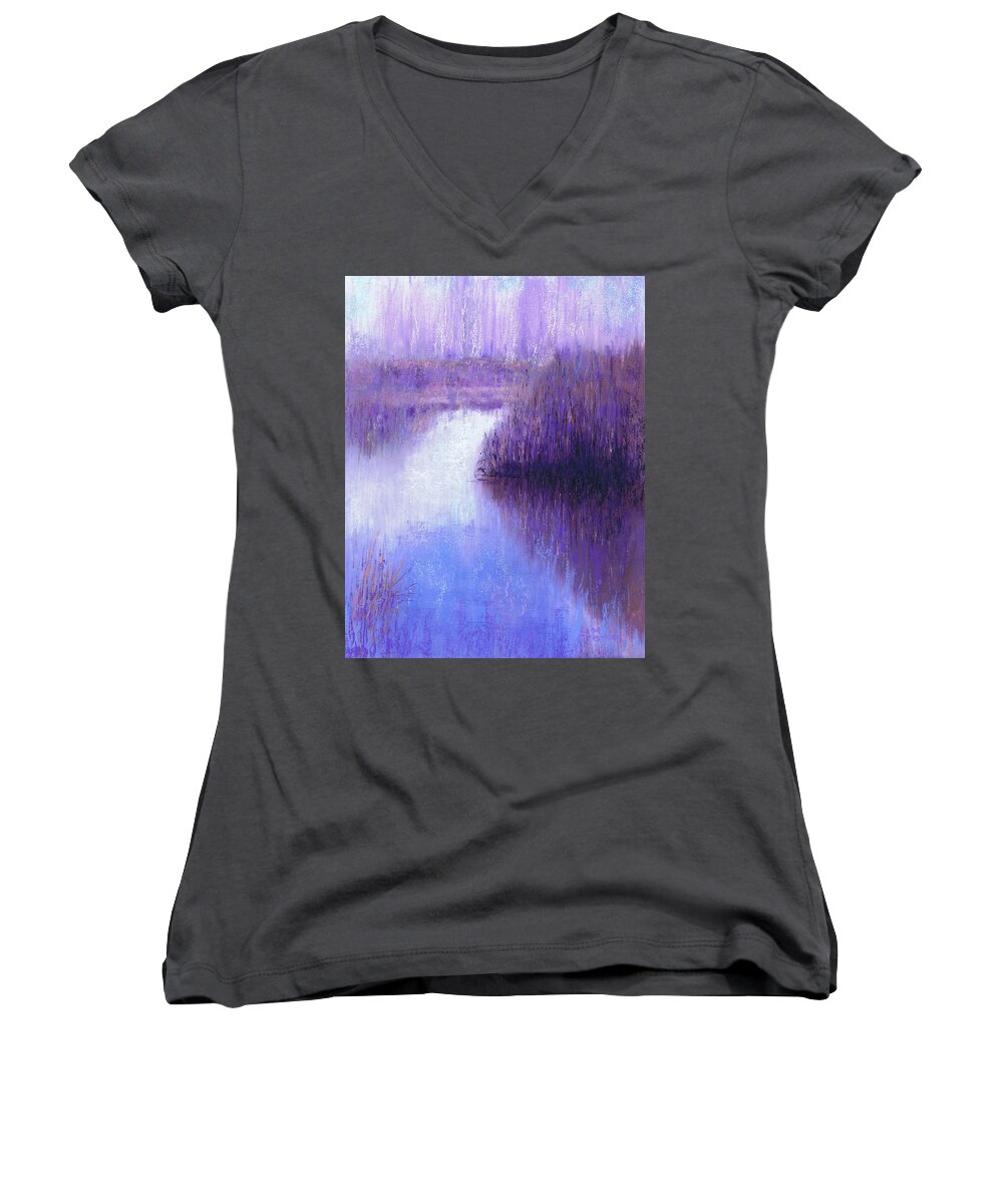 Landscape Women's V-Neck featuring the painting Ghostly Sentinels by Lisa Crisman
