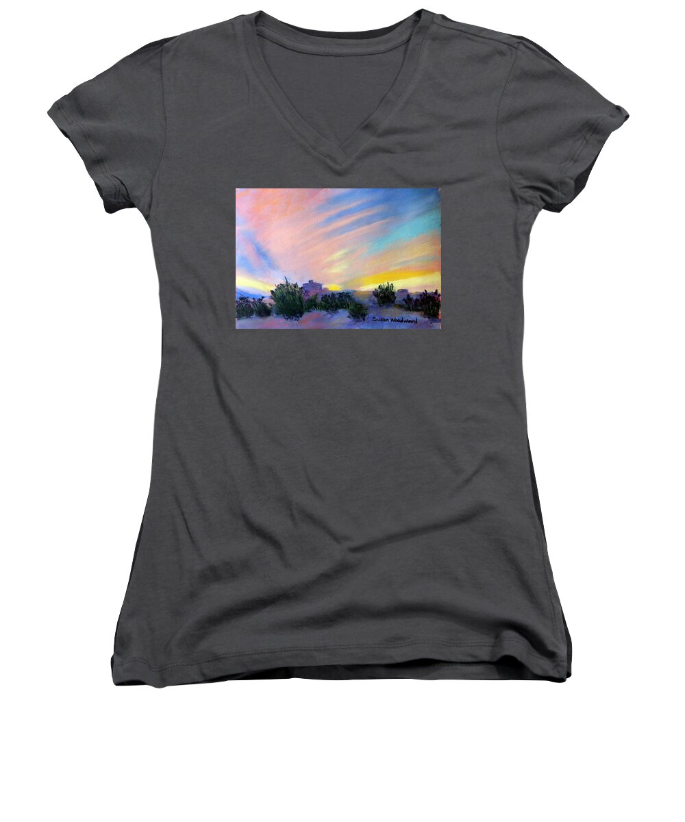 Pastel Painting Women's V-Neck featuring the pastel Gila Bend Sunset by Susan Woodward
