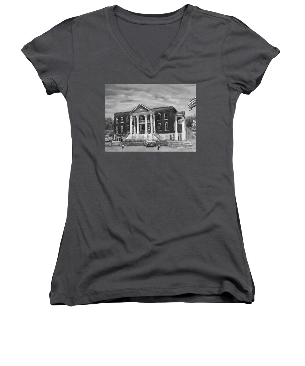 Gilmer County Courthouse Women's V-Neck featuring the painting Gilmer County Old Courthouse - Black and White by Jan Dappen