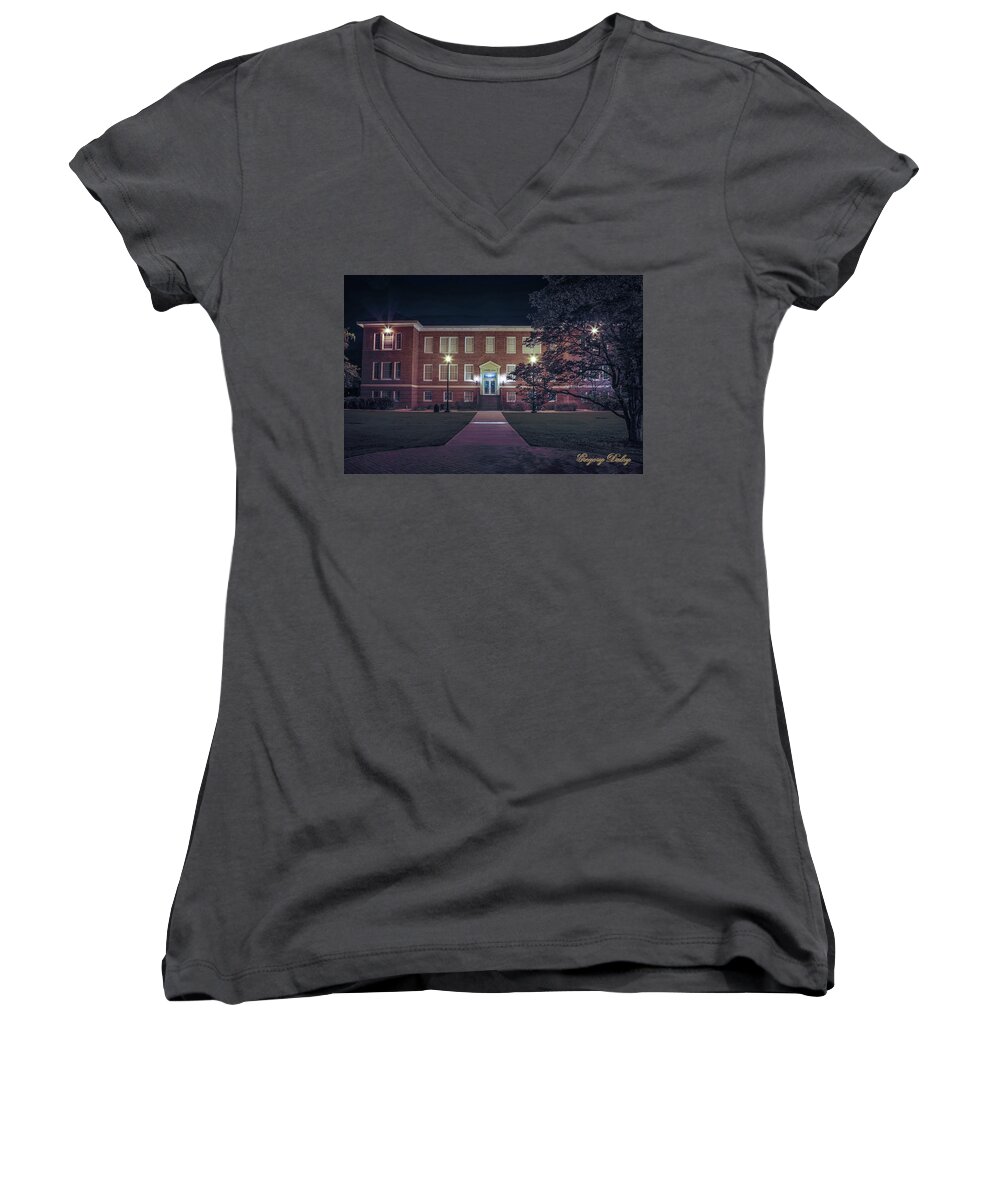 Ul Women's V-Neck featuring the photograph Girard hall at Night by Gregory Daley MPSA