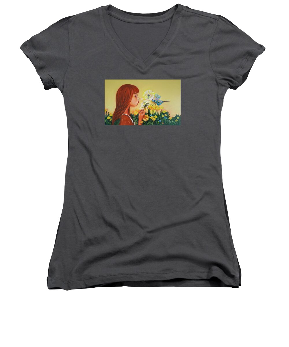 Art Women's V-Neck featuring the painting Girl with flower by Rita Fetisov