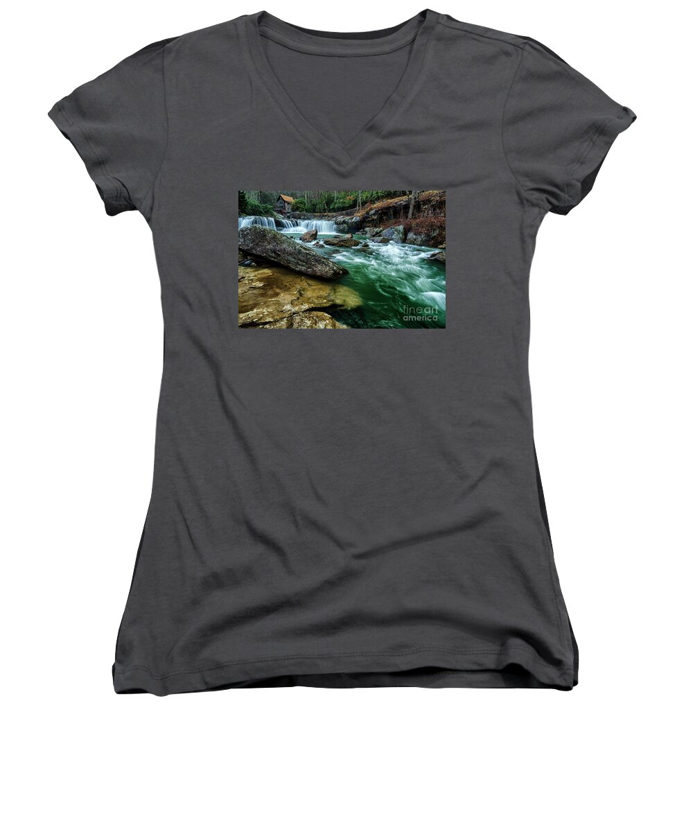 Babcock State Park Women's V-Neck featuring the photograph Glade Creek and Grist Mill by Thomas R Fletcher