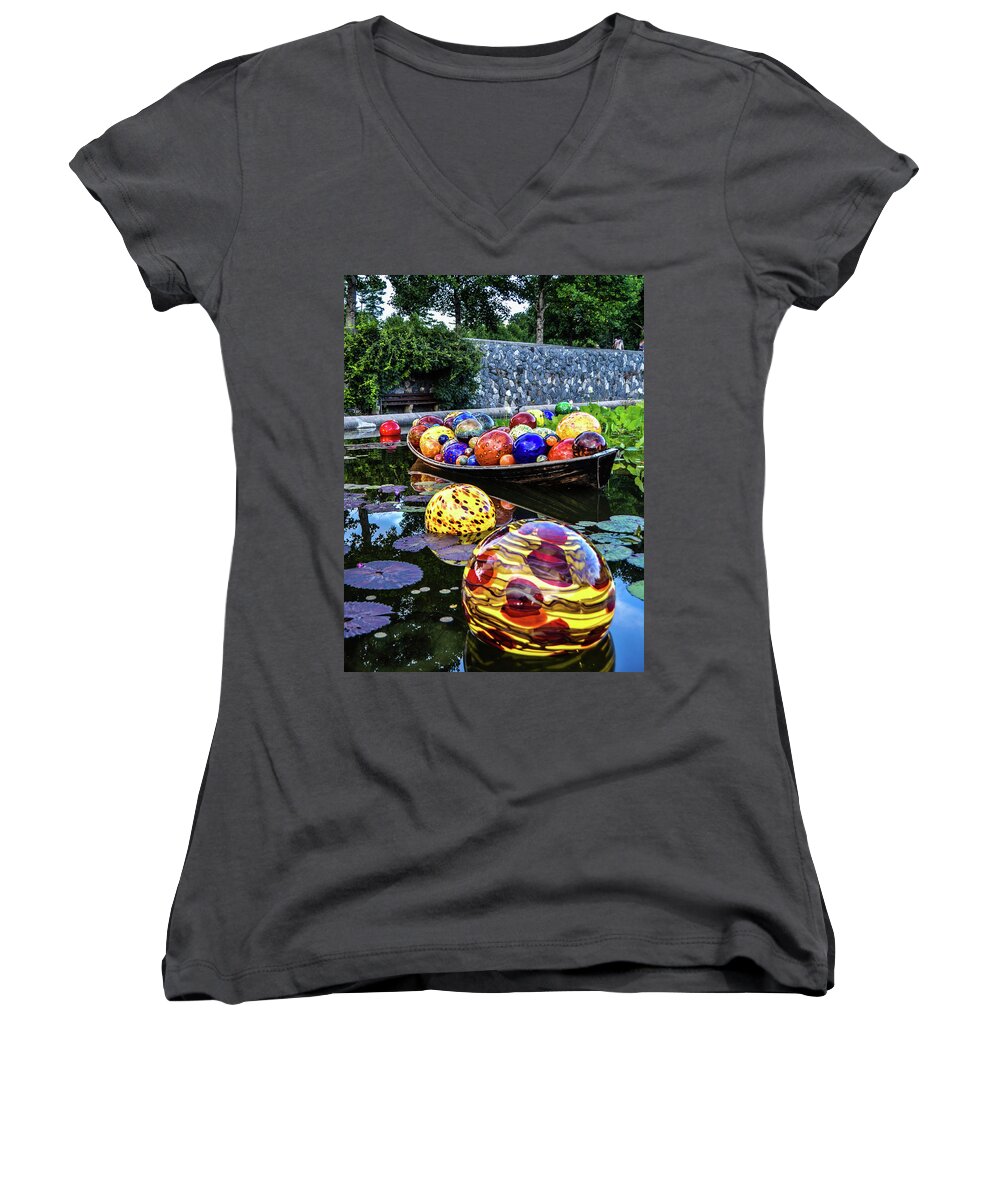 Chilhuly Glass Women's V-Neck featuring the photograph Glass on Display by Chuck Brown