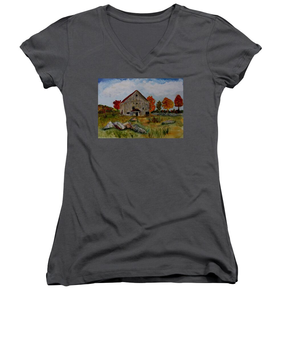 Glover Vt Women's V-Neck featuring the painting Glover Barn in Autumn by Donna Walsh