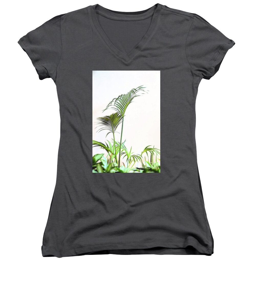 Plant Women's V-Neck featuring the photograph Glowing Green Fern by Linda Phelps