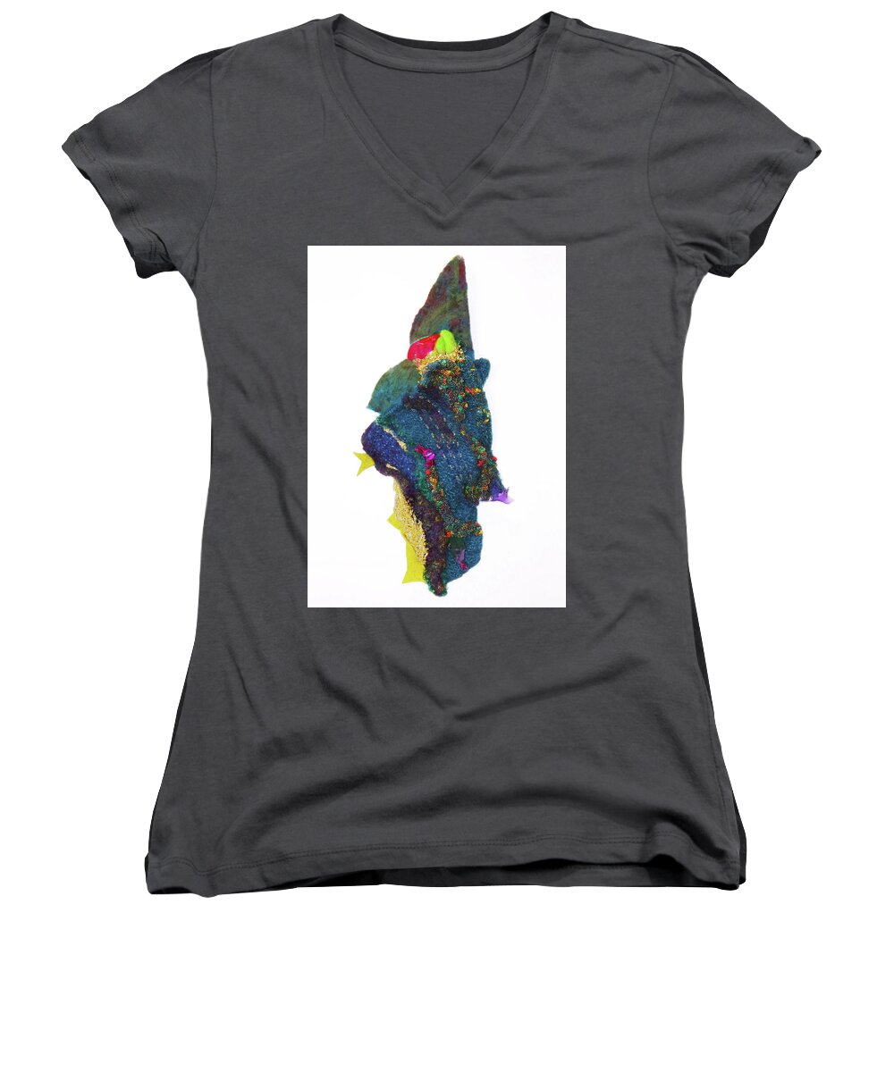 Fanciful Gnome Women's V-Neck featuring the sculpture Gnome by Sylvia Greer