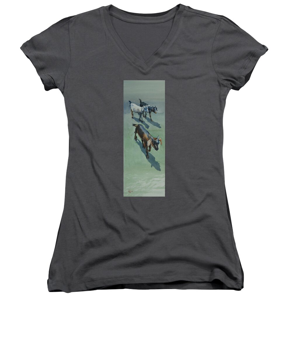 Goat Women's V-Neck featuring the painting Goat by Helal Uddin