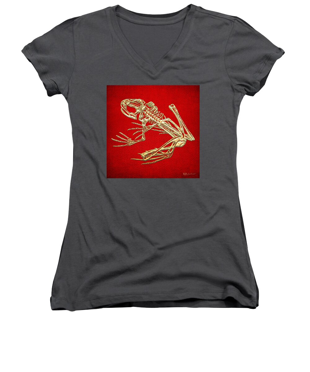 Precious Bones By Serge Averbukh Women's V-Neck featuring the photograph Gold Frog Skeleton On Red Leather by Serge Averbukh