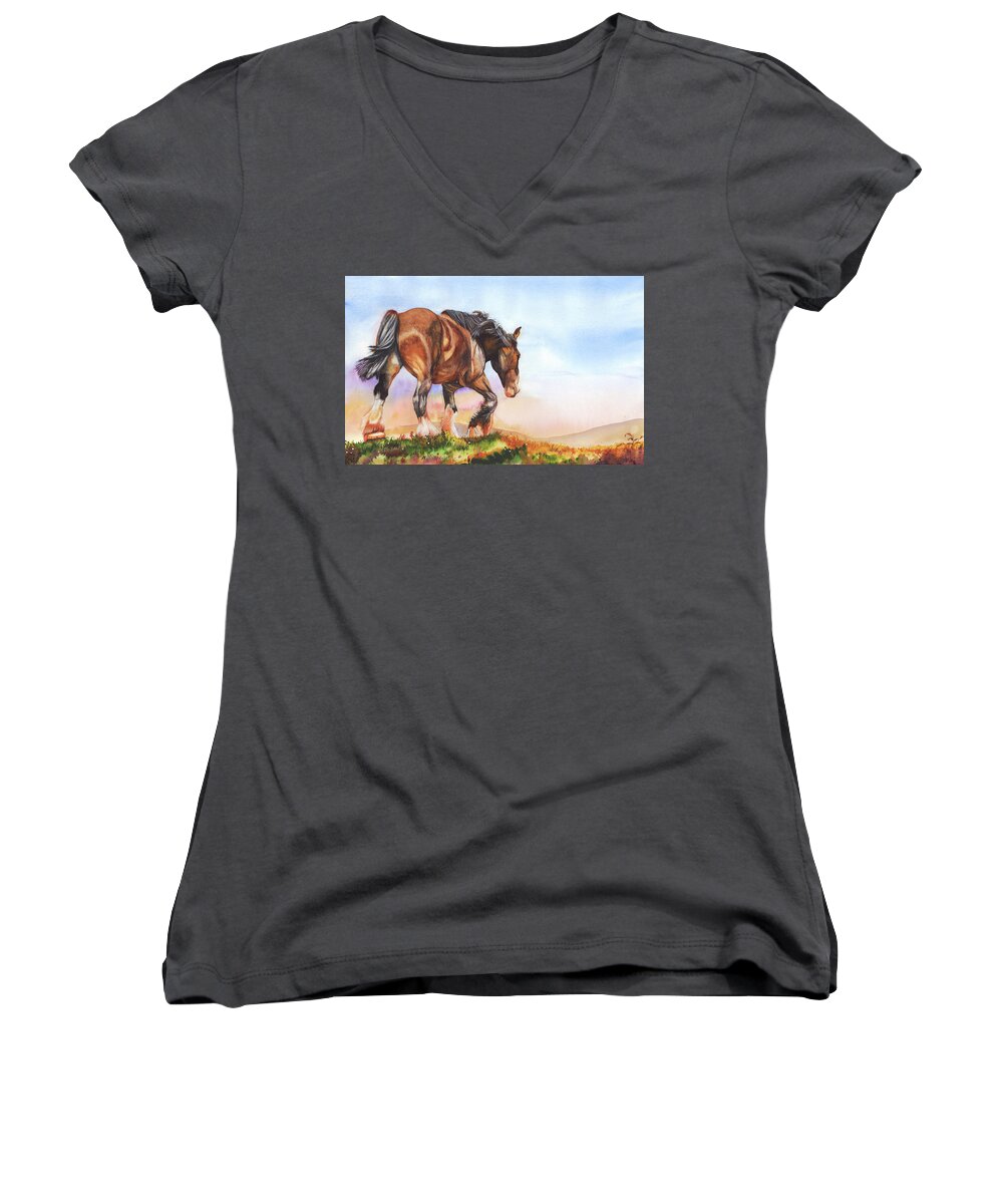 Horse Women's V-Neck featuring the painting Golden Days by Peter Williams