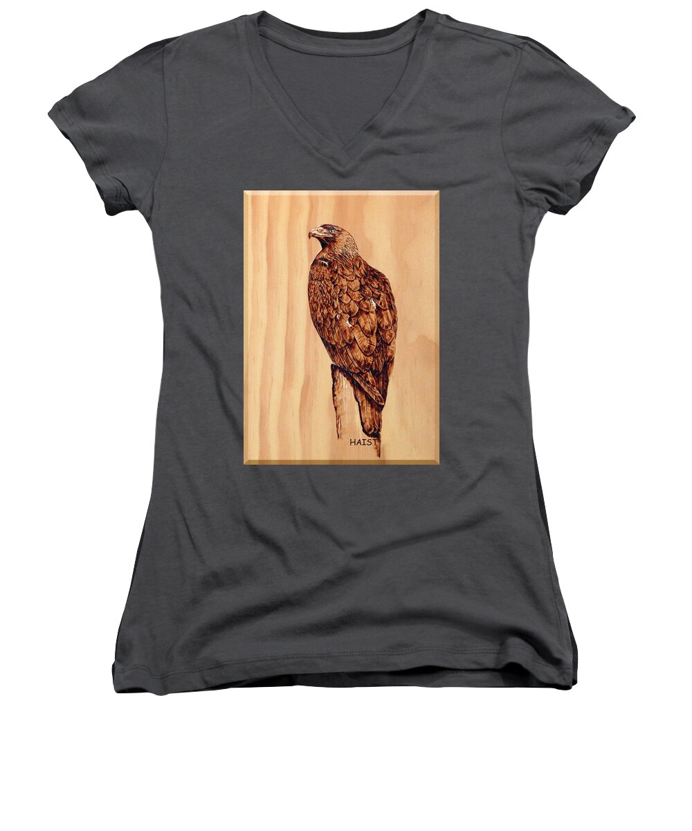 Eagle Women's V-Neck featuring the pyrography Golden Eagle by Ron Haist