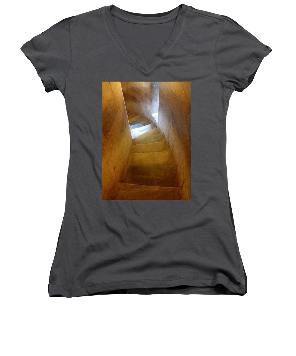 Stairway Women's V-Neck featuring the photograph Golden echo of blue by Steven Robiner