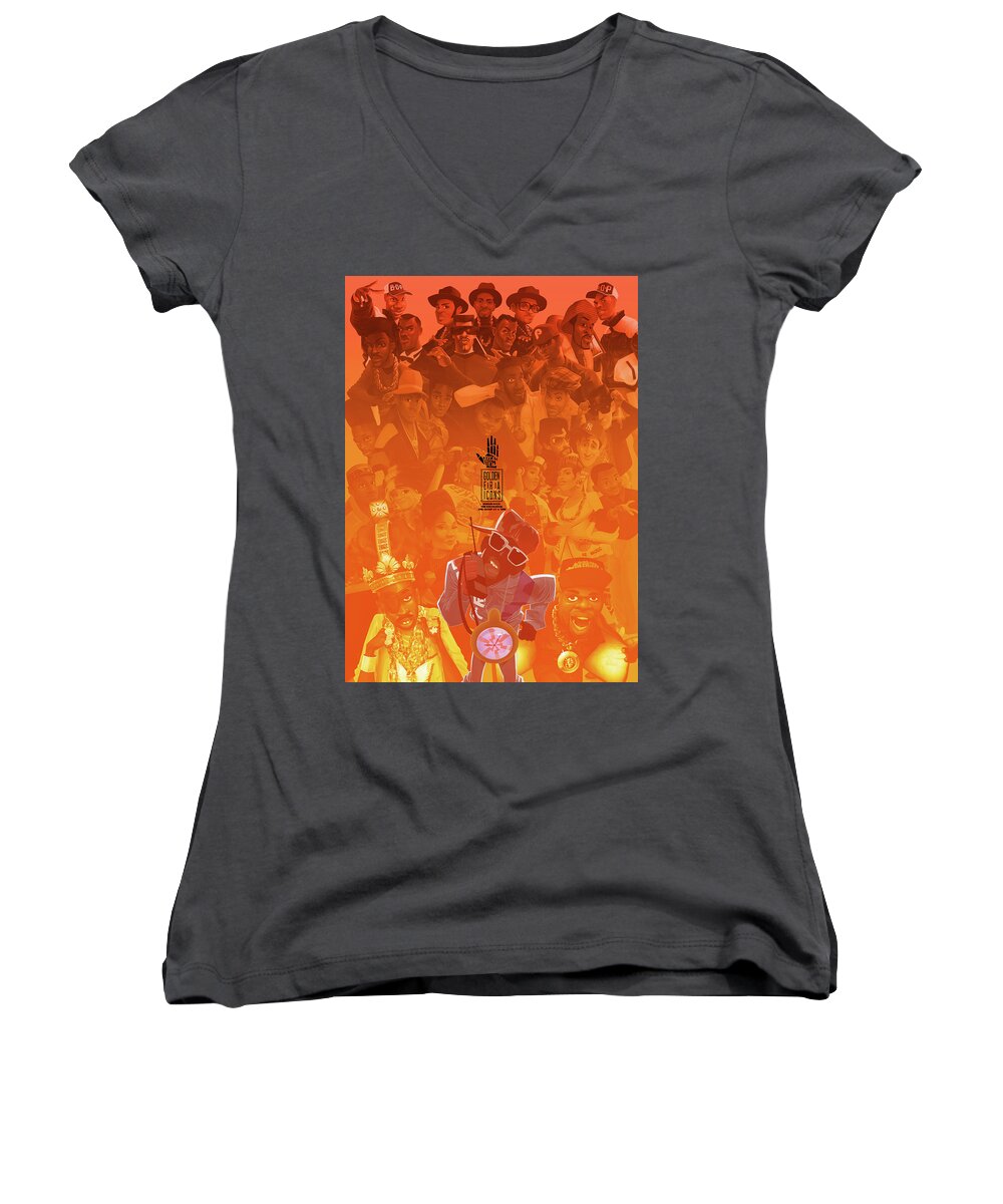 Hip Hop Women's V-Neck featuring the digital art Golden Era Icons Collage 1 by Nelson dedos Garcia
