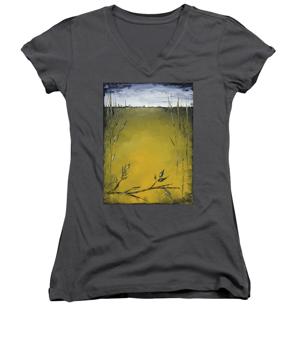 Green Women's V-Neck featuring the painting Golden Greens by Carolyn Doe