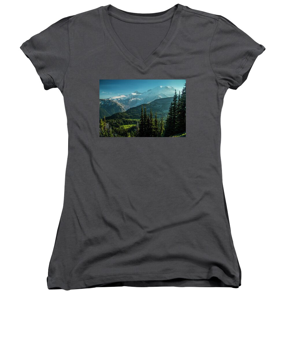 Mt Rainier Women's V-Neck featuring the photograph Golden Hour by Doug Scrima