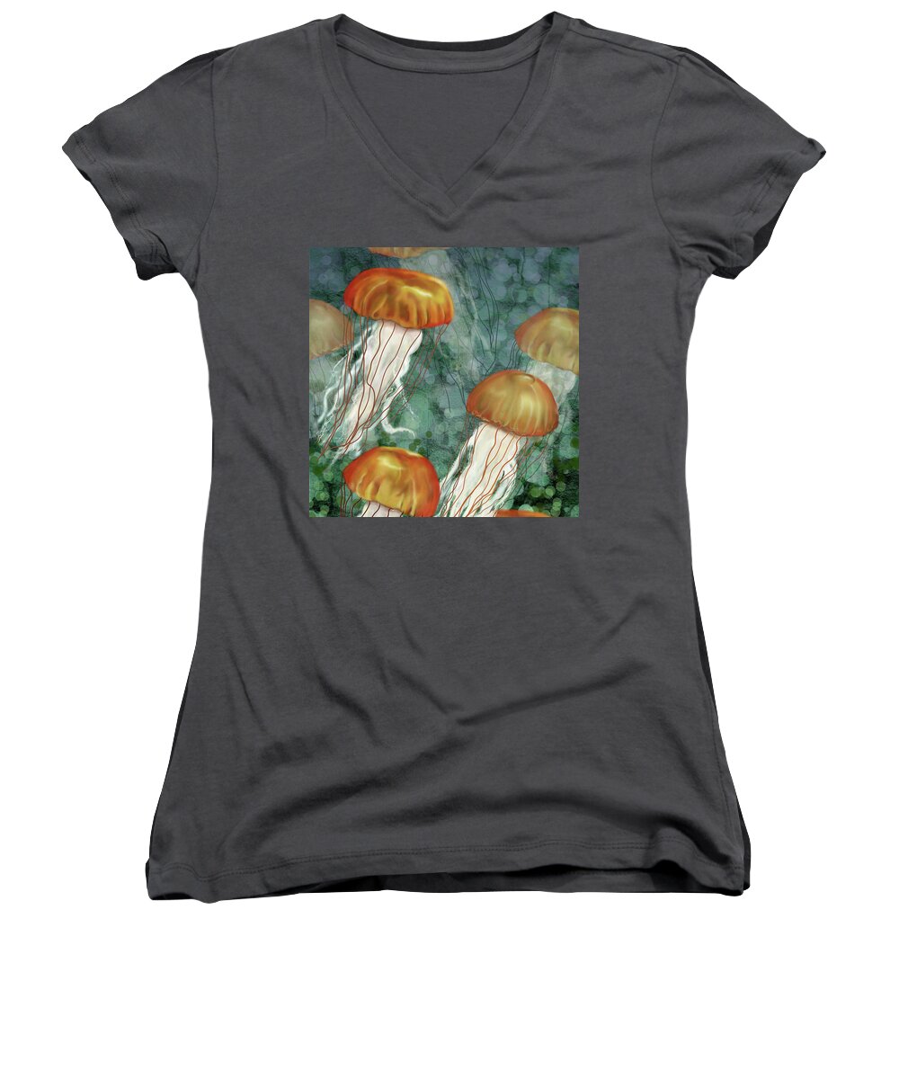 Jellyfish Women's V-Neck featuring the digital art Golden Jellyfish in Green Sea by Sand And Chi
