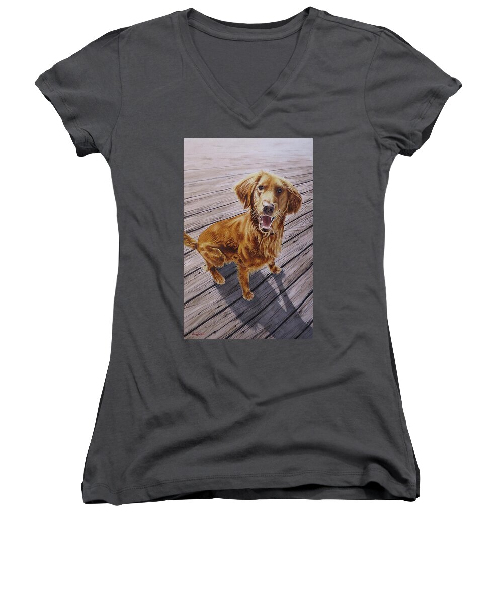 Painting Women's V-Neck featuring the painting Golden Retriever by Geni Gorani