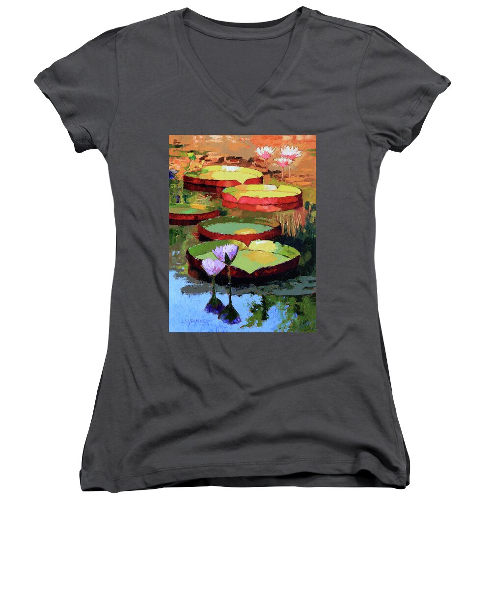 Water Lilies Women's V-Neck featuring the painting Golden Sunlight Reflections by John Lautermilch
