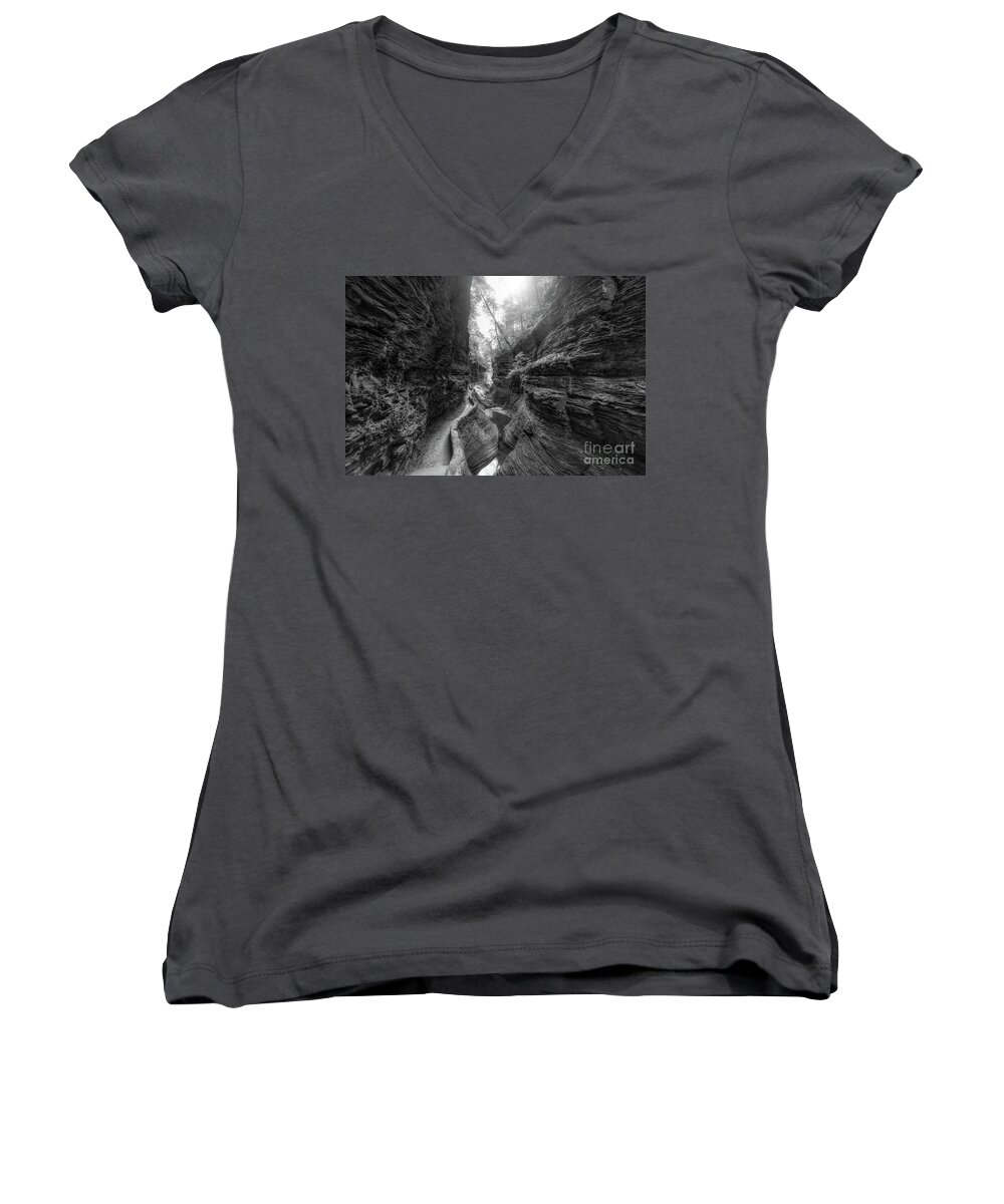Watkins Glen State Park Women's V-Neck featuring the photograph Gorge Trail at Watkins Glen BW by Michael Ver Sprill