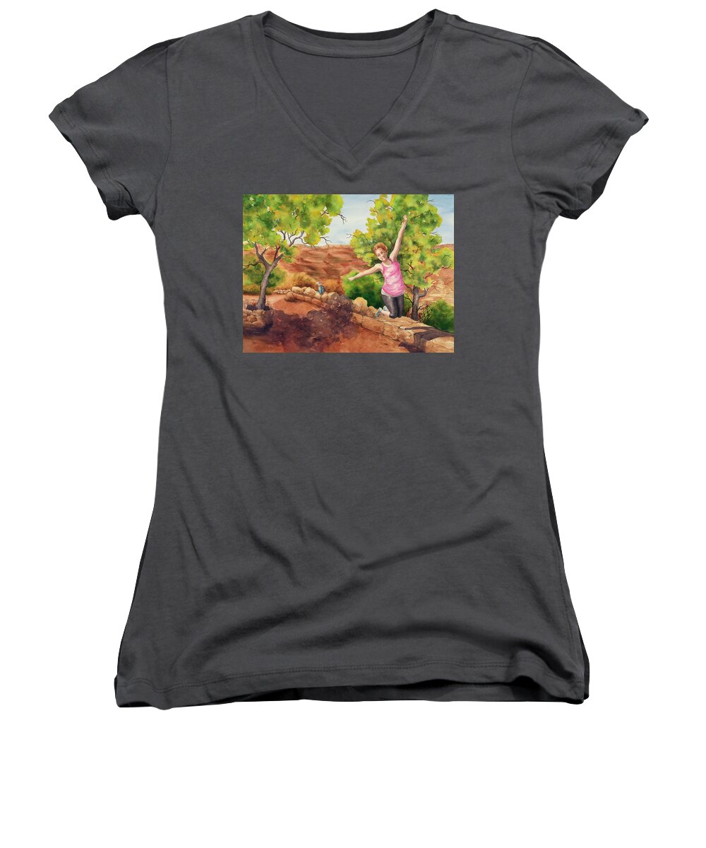 Southwest Women's V-Neck featuring the painting Grand Leap by Johanna Axelrod
