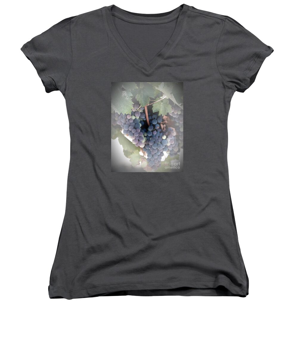 Grapes Women's V-Neck featuring the digital art Grapes on the Vine I by Sherry Hallemeier