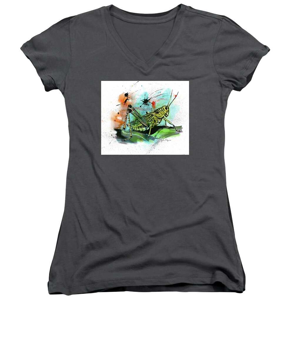 Insect Women's V-Neck featuring the drawing Grasshopper by John Dyess