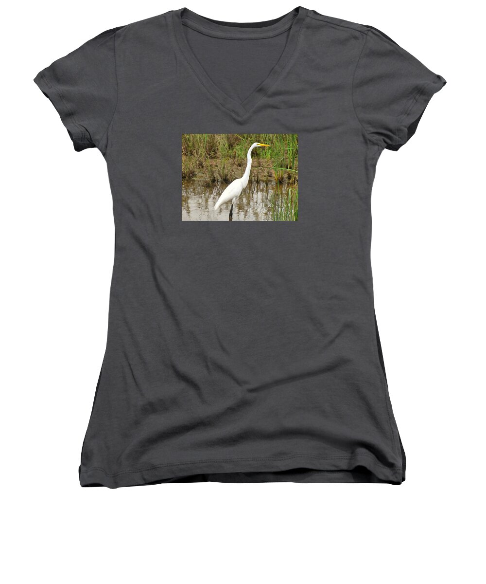 Great Women's V-Neck featuring the painting Great Egret by Maciek Froncisz