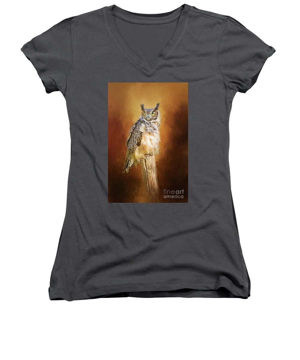 Owl Women's V-Neck featuring the photograph Great Horned Owl In Autumn by Sharon McConnell