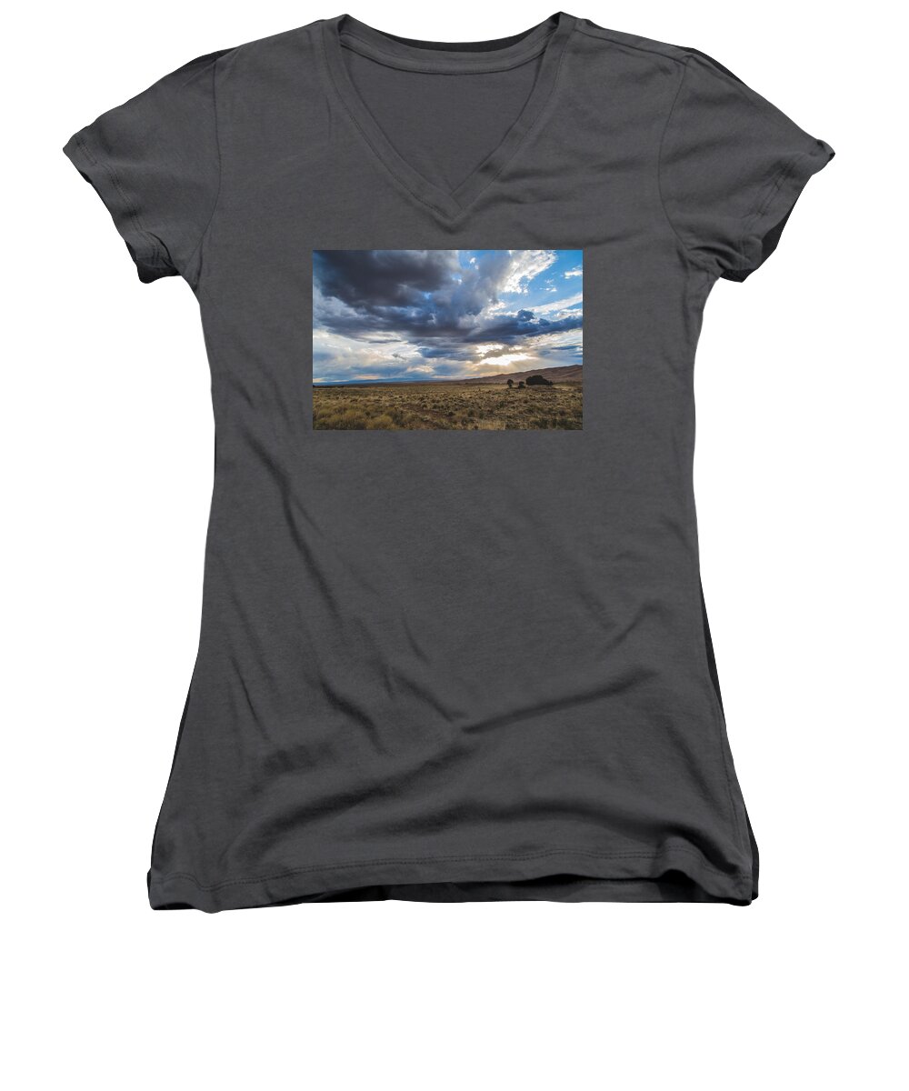 Clouds Women's V-Neck featuring the photograph Great Sand Dunes Stormbreak by Jason Roberts