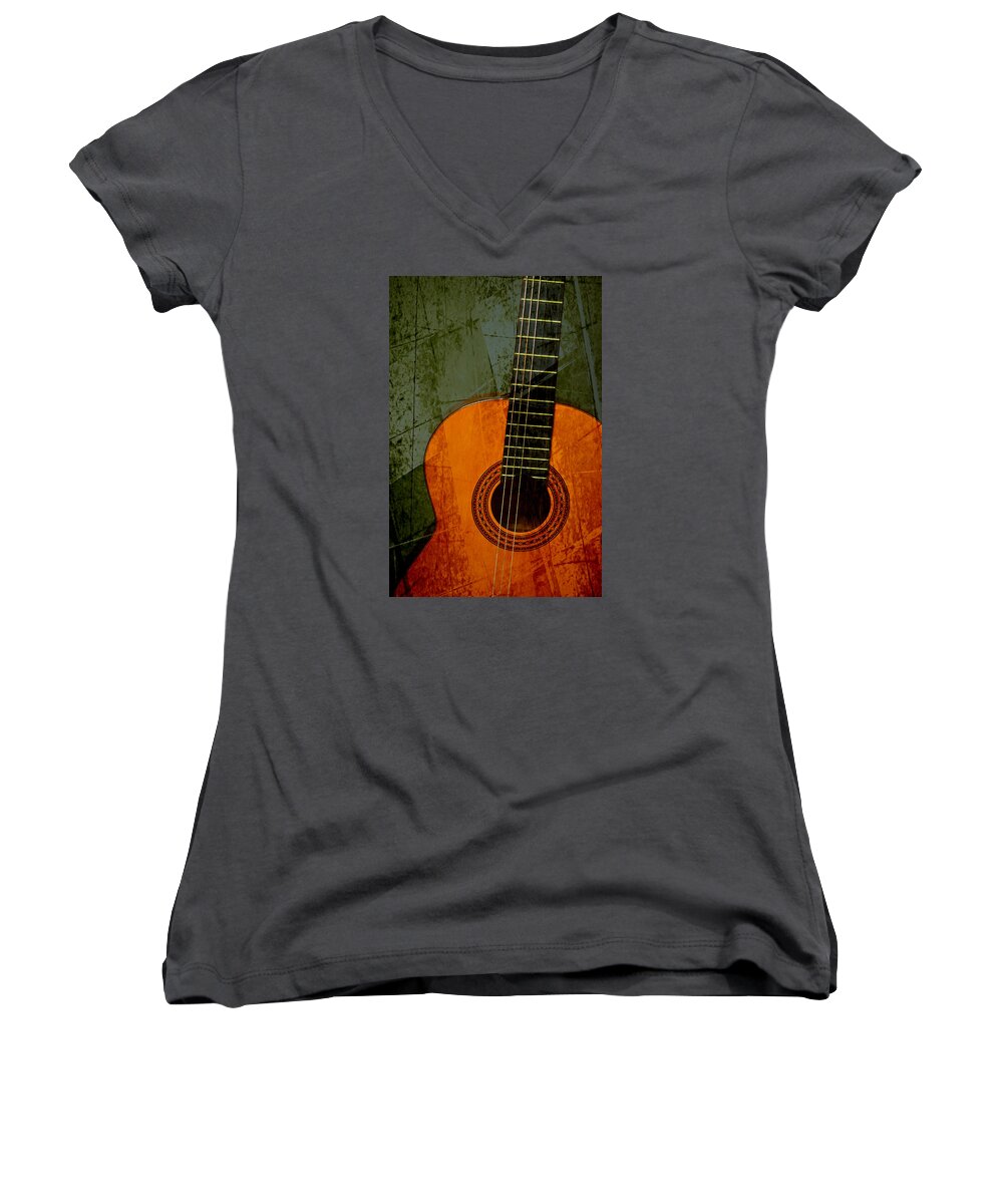 Guitar Women's V-Neck featuring the photograph Green canvas by Ricardo Dominguez