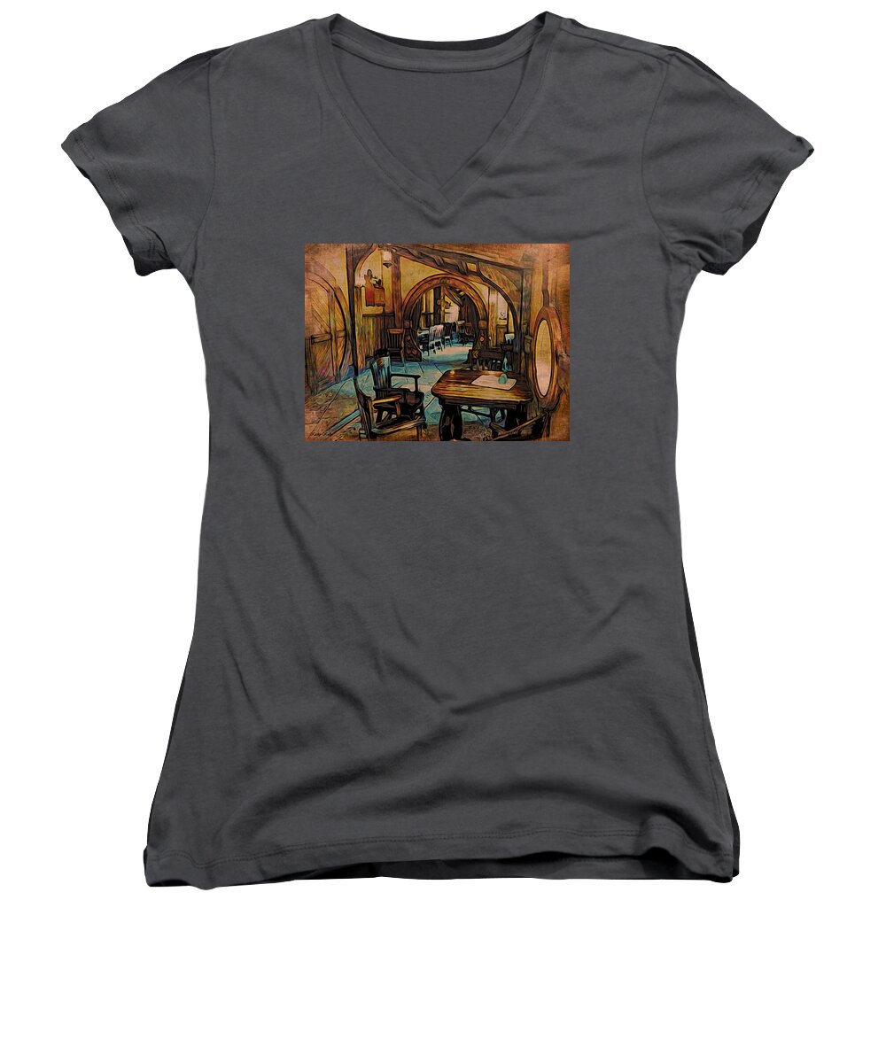Comfort Women's V-Neck featuring the digital art Green Dragon Writing Nook by Kathy Kelly