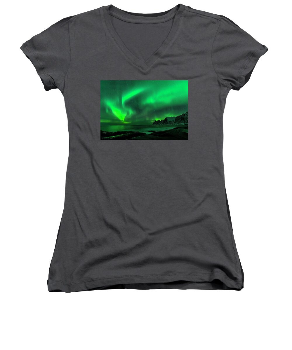 Norway Women's V-Neck featuring the photograph Green Skies at Night by Alex Lapidus