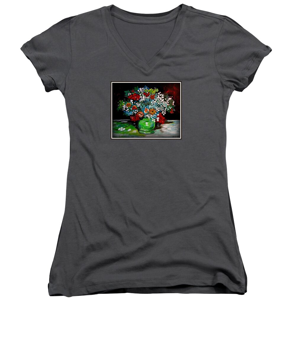 Still Life Women's V-Neck featuring the painting Green Vase with Flowers by Mike Benton