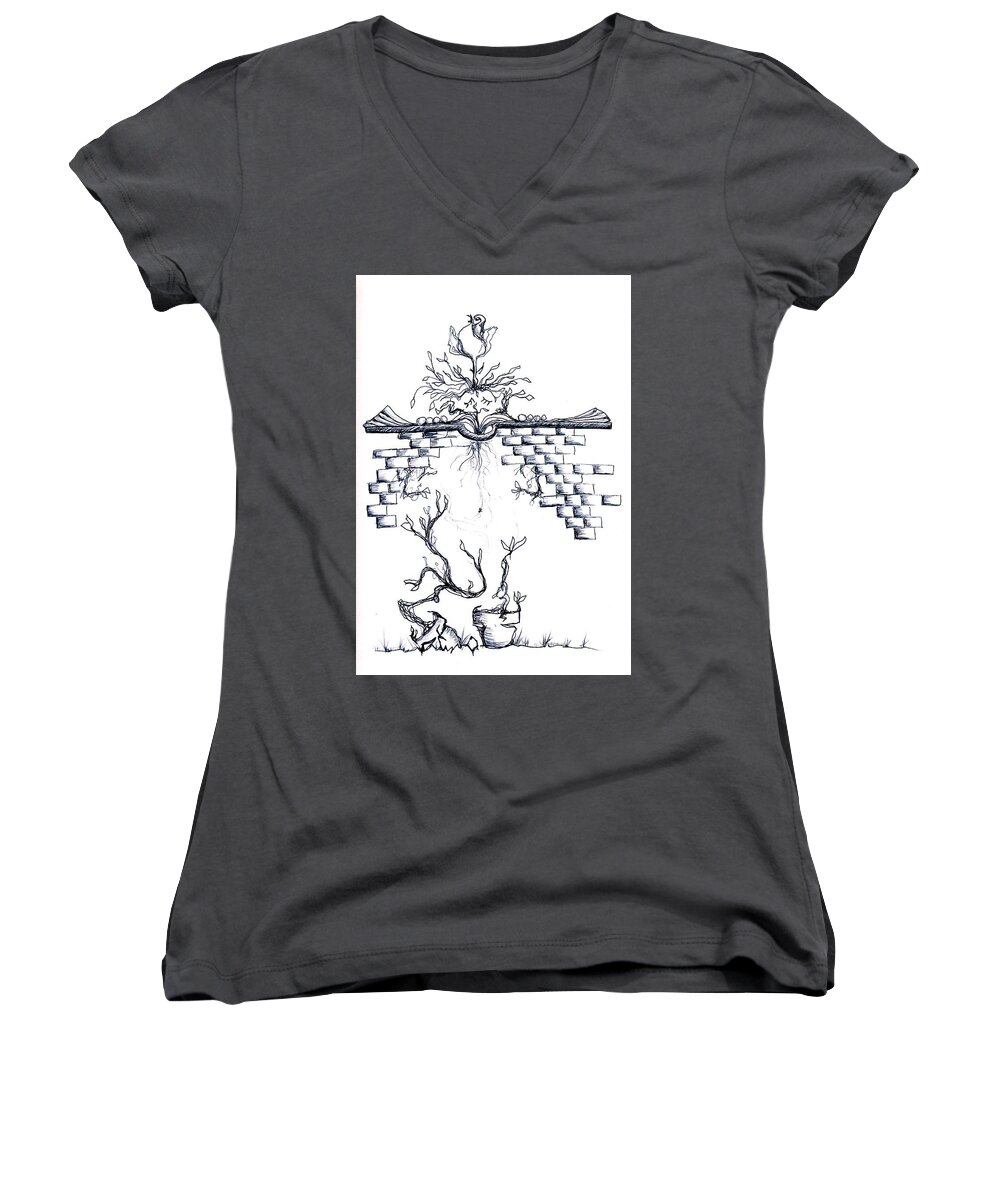 Books Women's V-Neck featuring the drawing Growing Nowhere by Doug Johnson