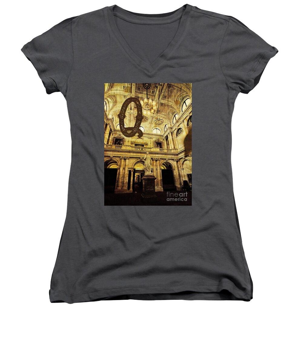 Queen Women's V-Neck featuring the photograph Grungy Melbourne Australia Alphabet Series Letter Q Queen Victor by Beverly Claire Kaiya