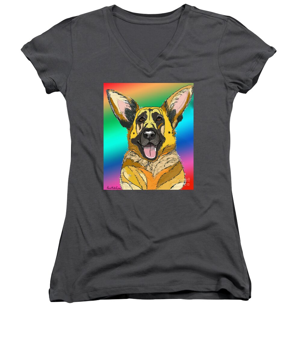Gsd Women's V-Neck featuring the digital art GSD in Digi Yellow by Ania M Milo