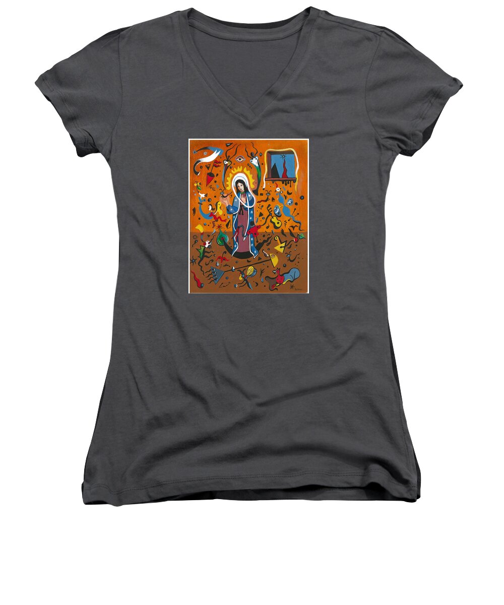 Guadalupe Women's V-Neck featuring the painting Guadalupe visits Miro by James RODERICK