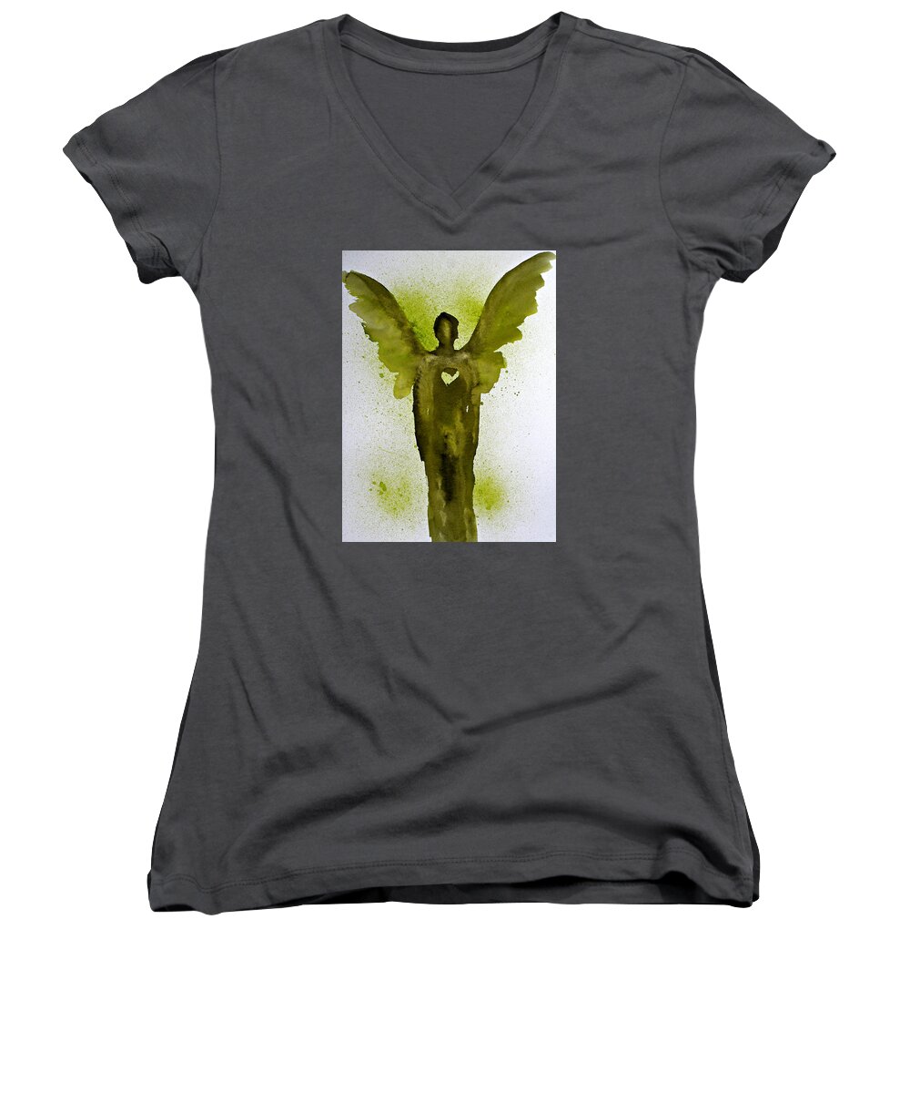 Guardian Angel Women's V-Neck featuring the painting Guardian Angels Golden Heart by Alma Yamazaki