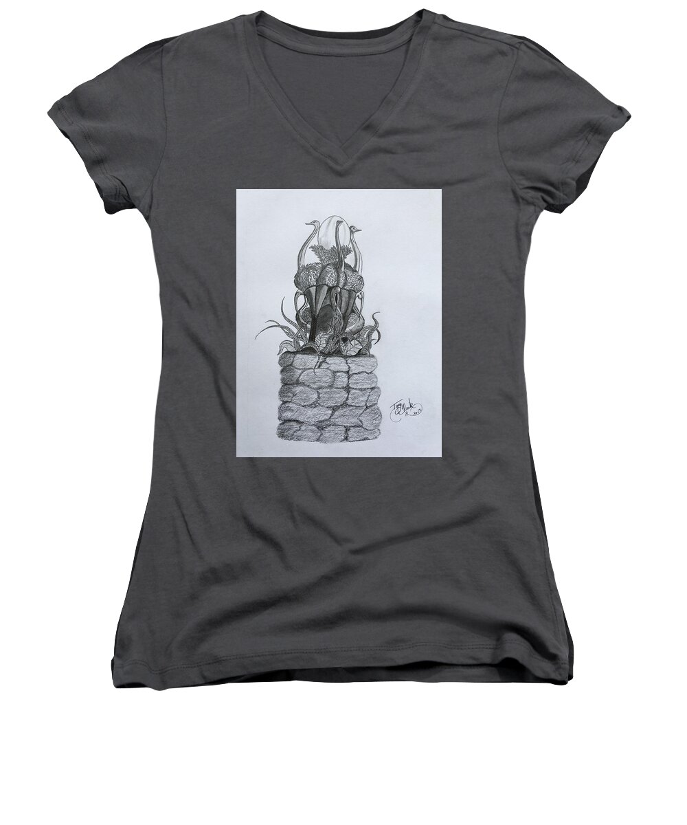 Ostrich Women's V-Neck featuring the drawing Guardians by Tony Clark