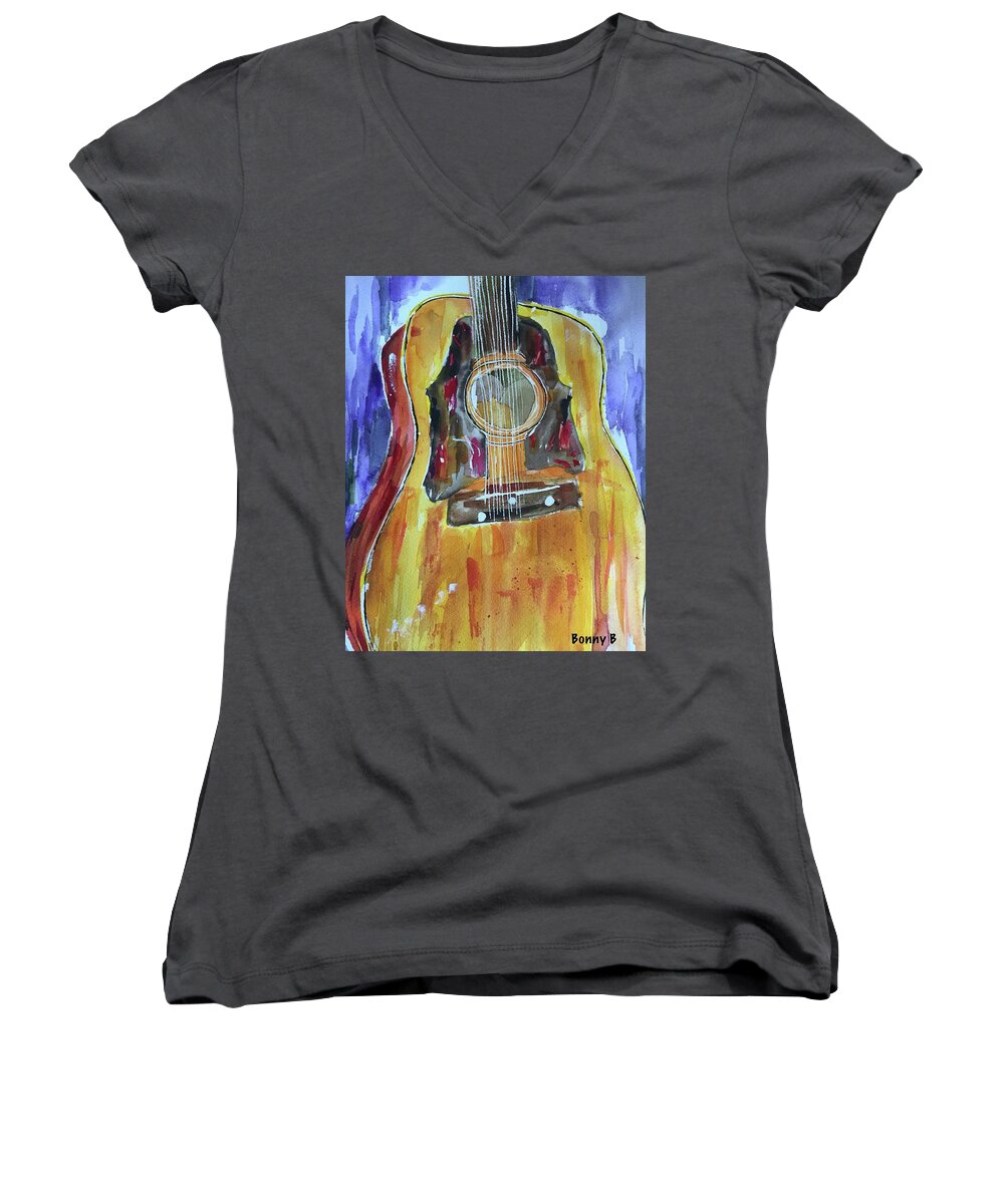 Guitar Women's V-Neck featuring the painting DAngelico Amber Archtop by Bonny Butler