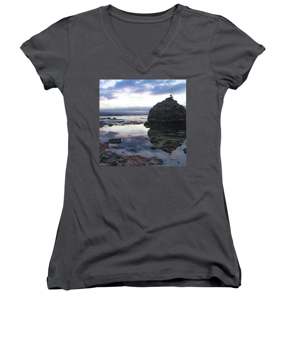 Seascape Women's V-Neck featuring the photograph Gulls with Clouds by Lora Lee Chapman