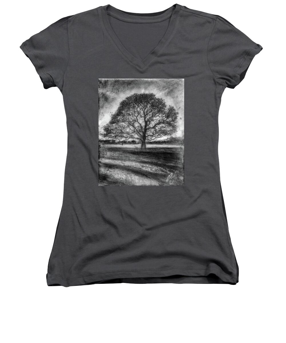 Trees Women's V-Neck featuring the mixed media Hagley Tree 2 by Roseanne Jones