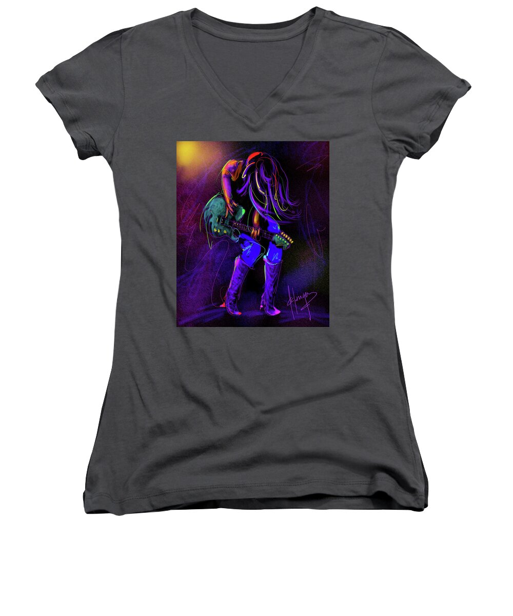 Guitar Women's V-Neck featuring the painting Hair Guitar by DC Langer