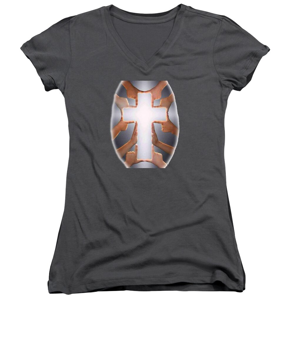 Hands Women's V-Neck featuring the painting Hands Cross T-shirt by Herb Strobino
