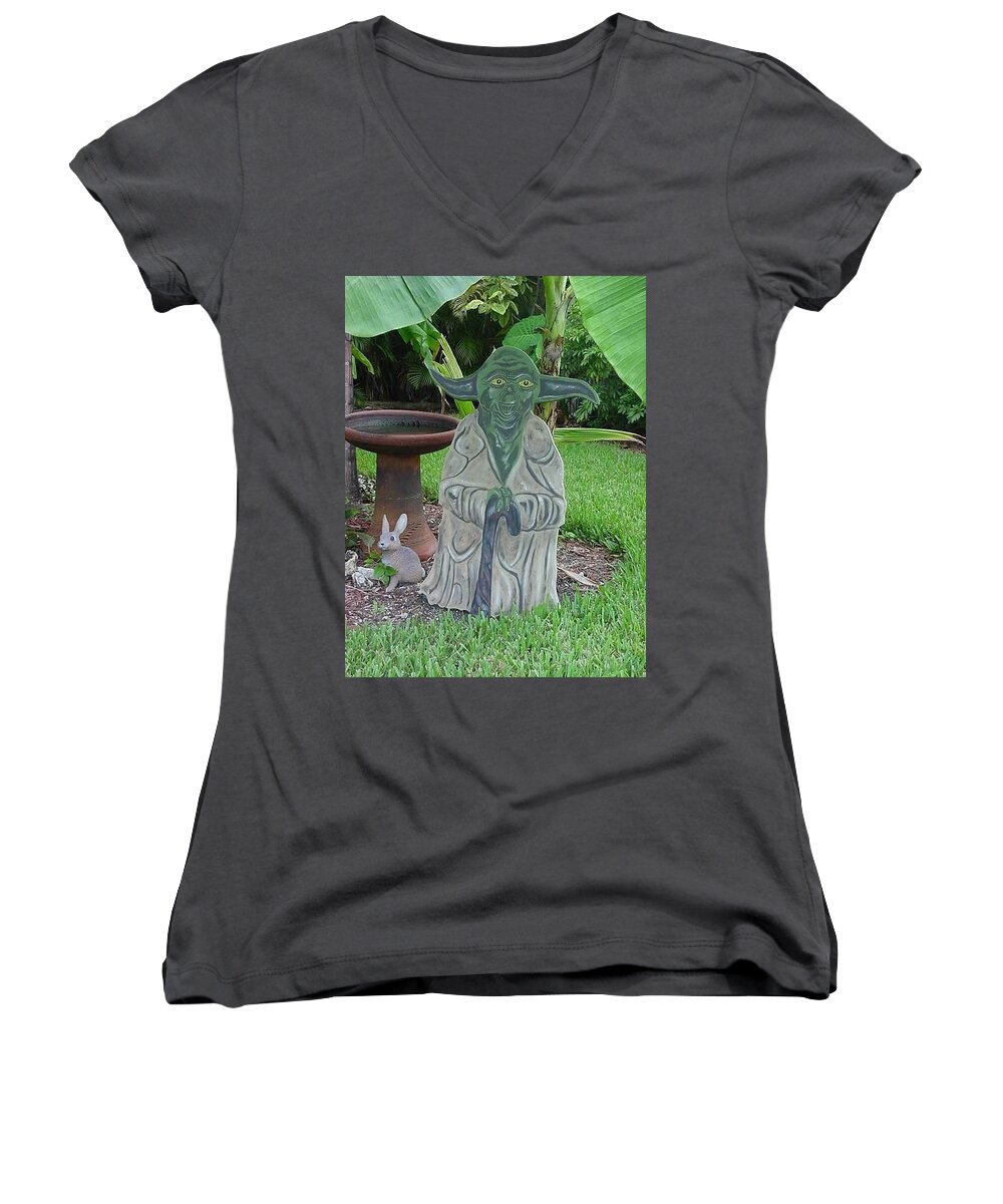 Wood Sculpture Women's V-Neck featuring the sculpture Hanging out in the garden by Val Oconnor