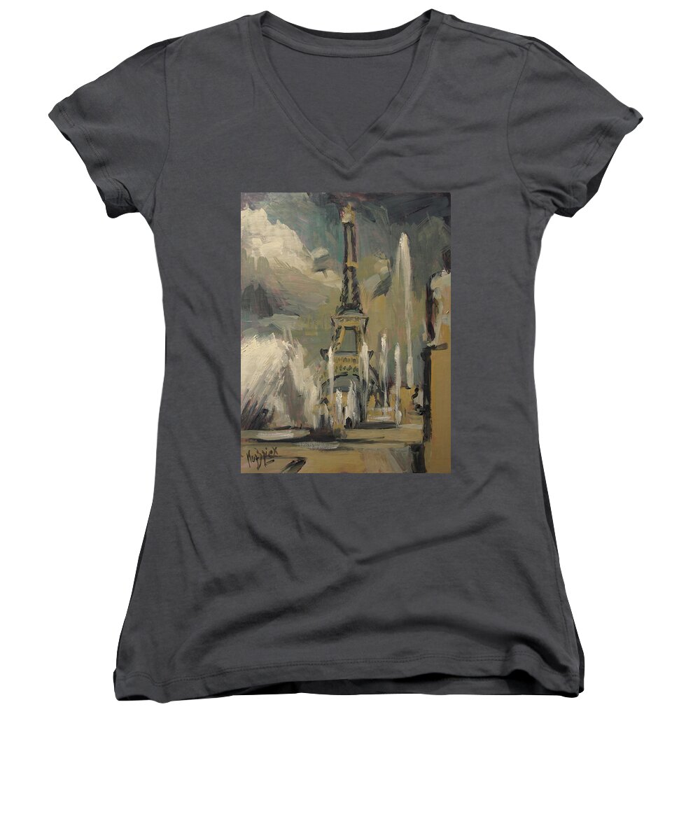 Paris Women's V-Neck featuring the painting Happy fountains at Trocadero by Nop Briex