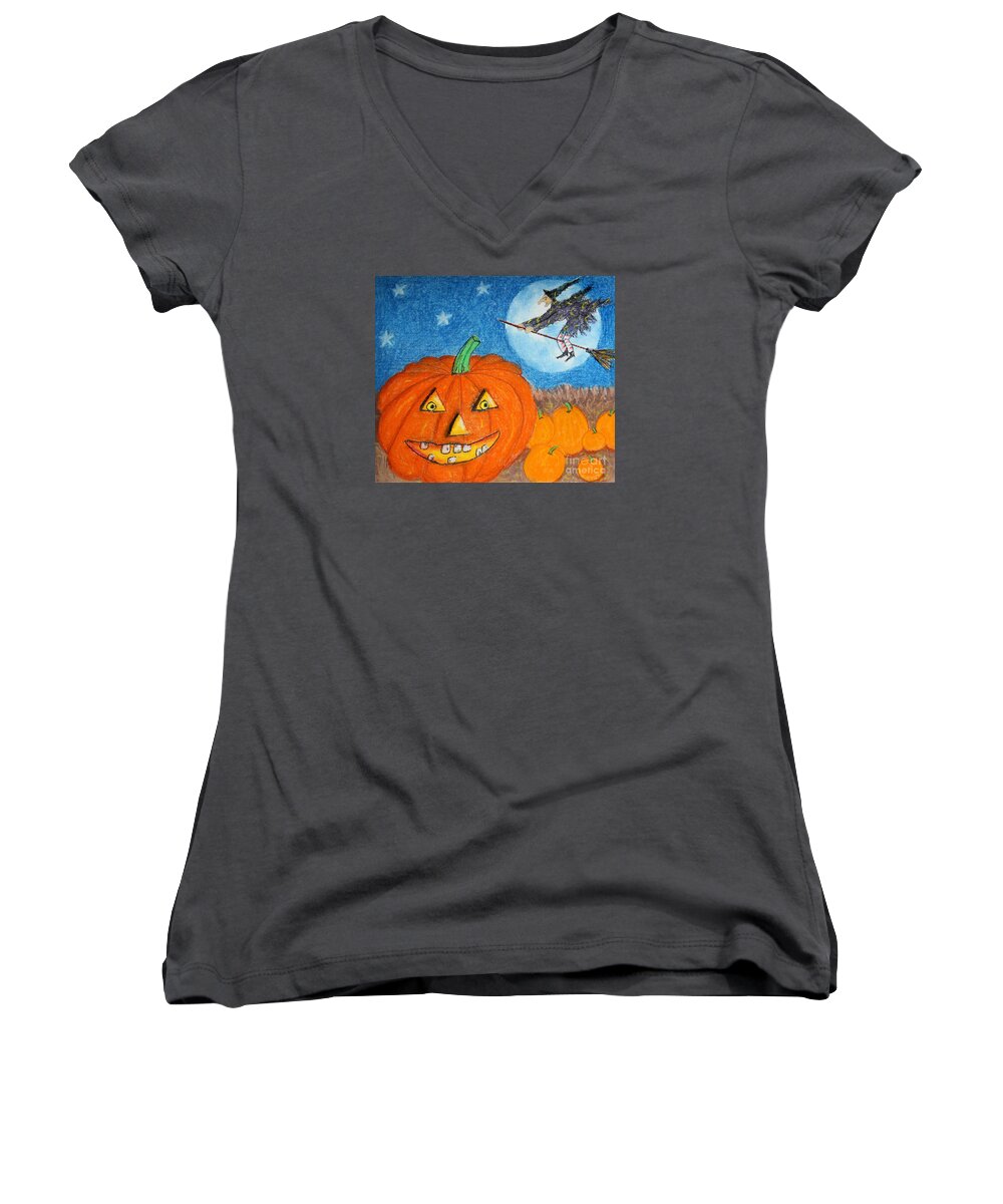 Autumn Women's V-Neck featuring the drawing Happy Halloween Boo You by Karen Adams