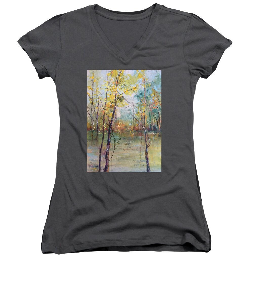 Trees Women's V-Neck featuring the painting Harmony in Perfect Key by Robin Miller-Bookhout