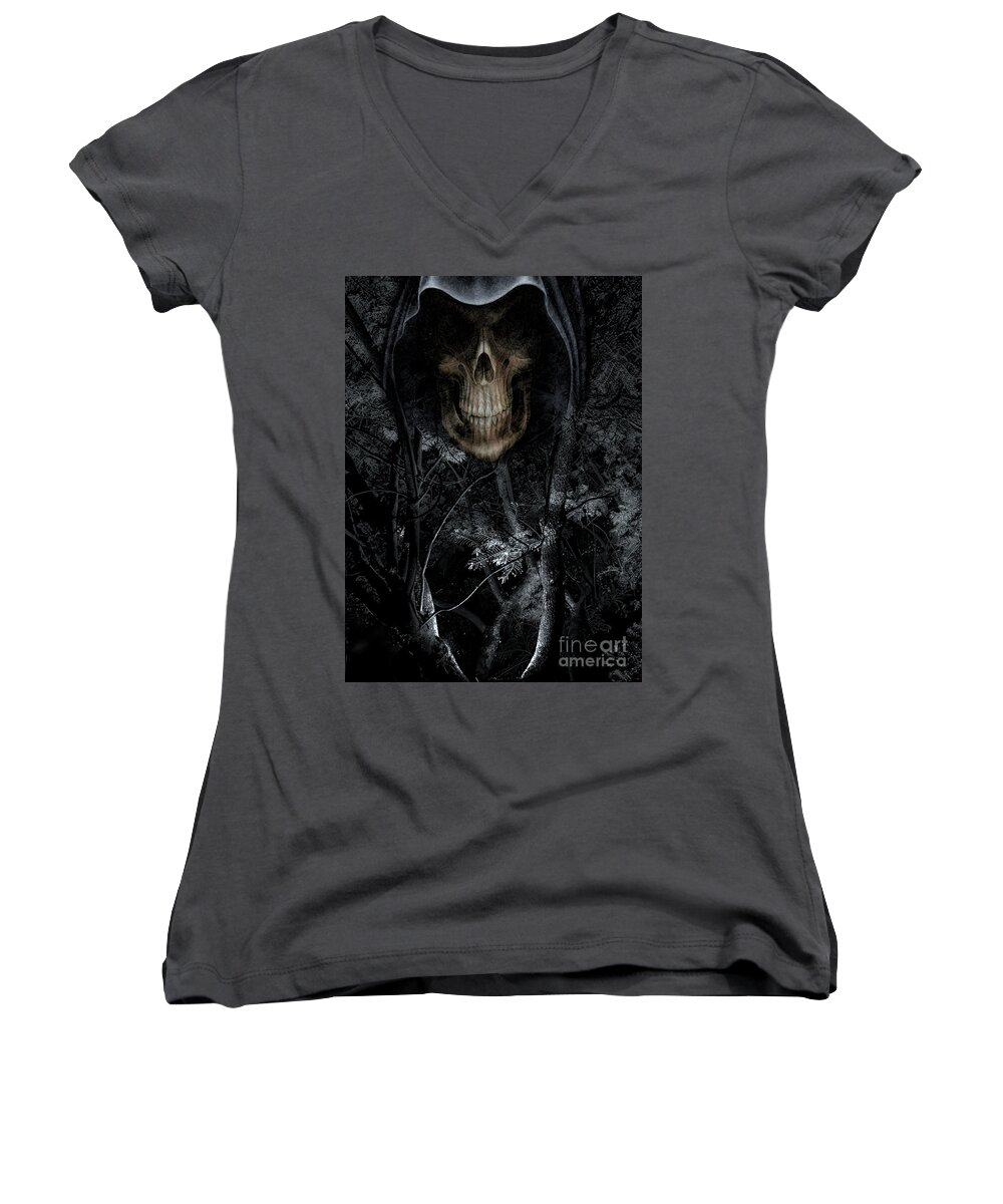 Haunted Women's V-Neck featuring the photograph Haunted Forest by Al Bourassa