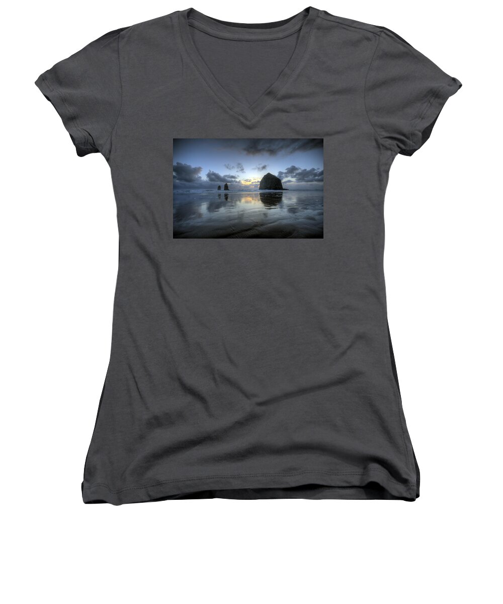 Hdr Women's V-Neck featuring the photograph Haystacks at Sunset by Brad Granger