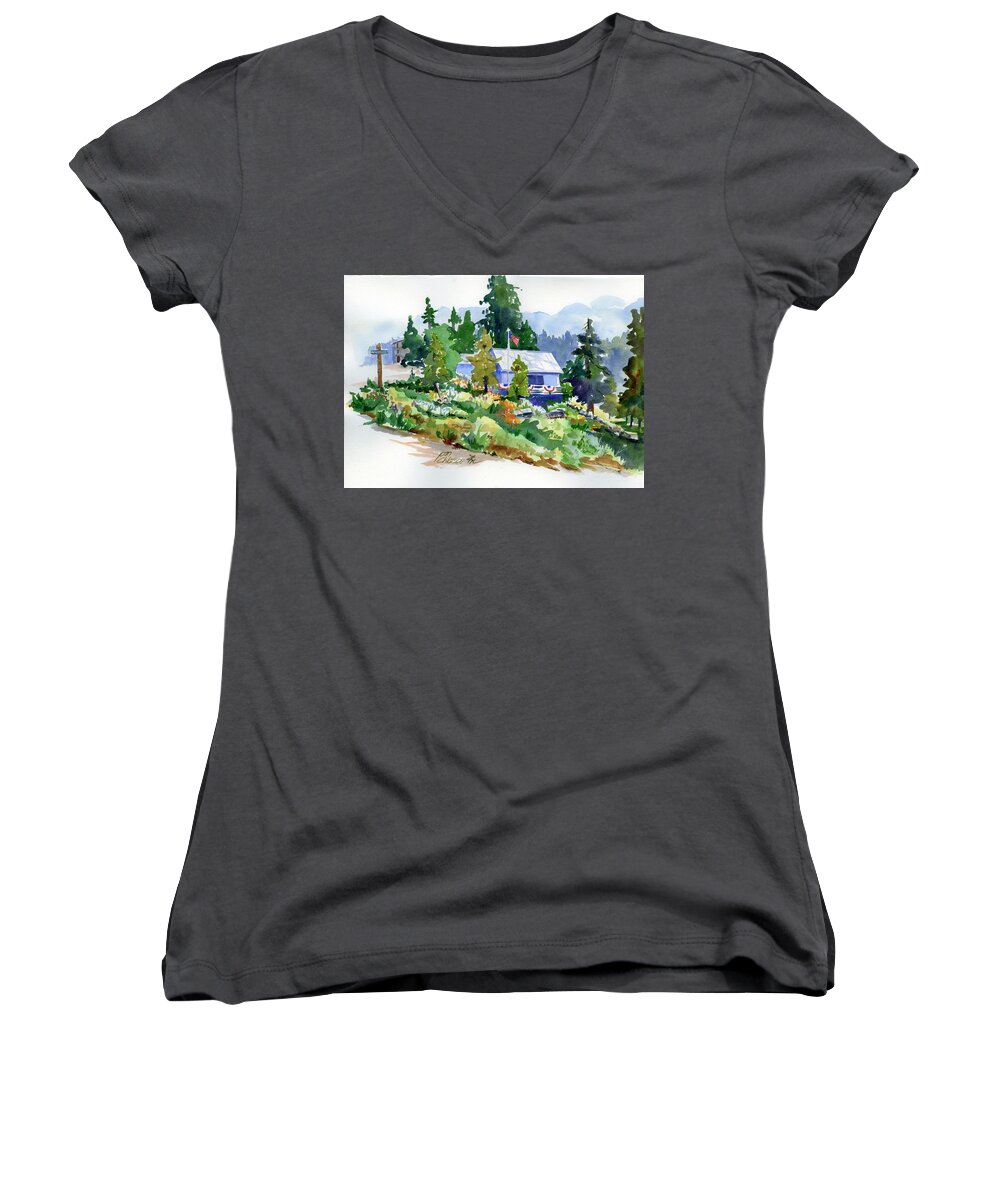 Hearse House Women's V-Neck featuring the painting Hearse House Garden by Joan Chlarson